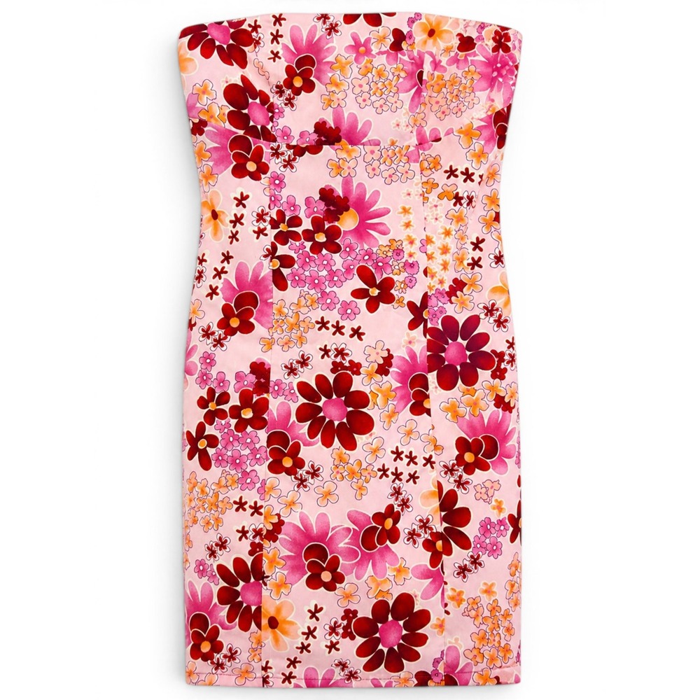Reversible Strapless Dress Women Retro Mod Floral Mini Back Tie Barbiecore Pink